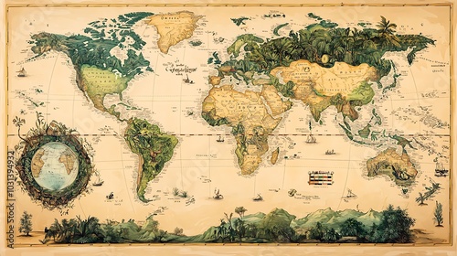 Vintage World Map Illustration with Green Foliage and Globe