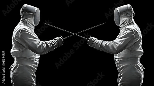 Two fencers in a duel, show...