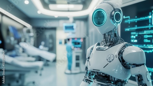 AI robot aiding healthcare professionals with patient data management and analysis in a futuristic clinic