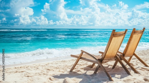 A picturesque image of two empty beach chairs set under a white umbrella on a sandy beach by the turquoise sea, representing relaxation, vacation, and tropical serenity