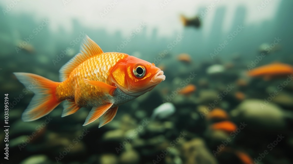 Fish swimming in a polluted river with industrial waste being dumped into the water Fish swimming in a polluted river with industrial waste being dumped into the water