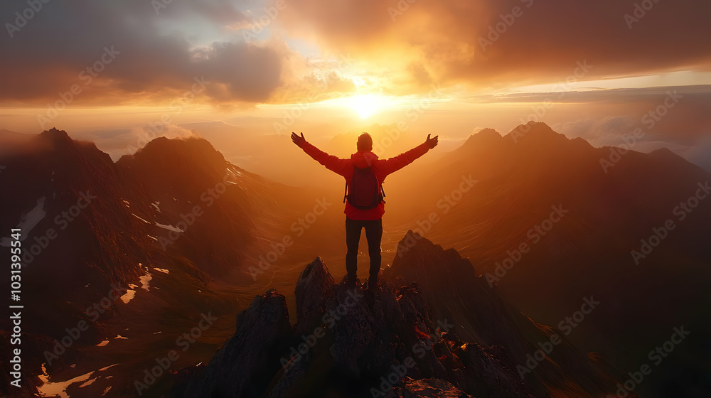 A person stands on a mountain peak, celebrating a vibrant sunset. A person stands on a mountain peak, celebrating a vibrant sunset.