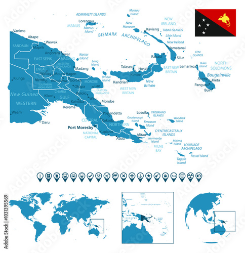 Papua New Guinea - detailed blue country map with cities, regions, location on world map and globe. Infographic icons. Vector illustration
