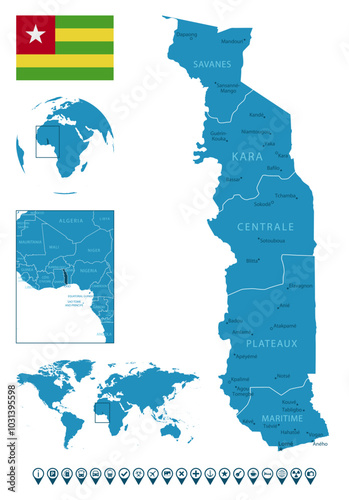 Togo - detailed blue country map with cities, regions, location on world map and globe. Infographic icons. Vector illustration