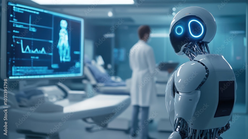 AI robot helping in patient diagnostics and treatment planning while a doctor oversees in a modern clinic AI robot helping in patient diagnostics and treatment planning while a doctor oversees in a modern clinic