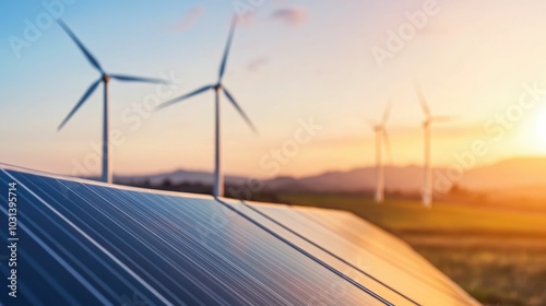 Renewable energy solutions including solar panels and wind turbines stand tall on a picturesque countryside landscape bathed in the warm glow of a setting sun