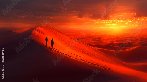 Two figures walking on a sa...