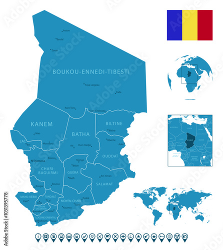 Chad - detailed blue country map with cities, regions, location on world map and globe. Infographic icons. Vector illustration