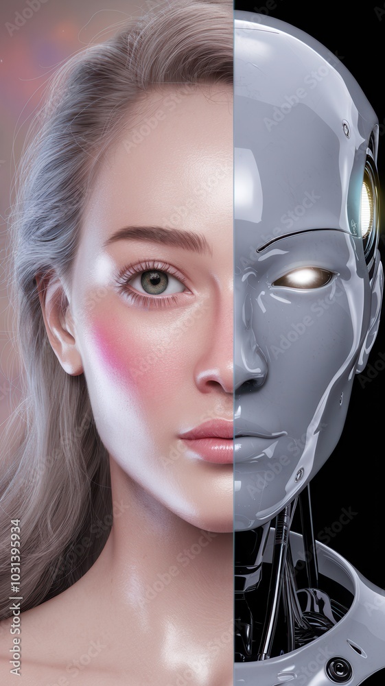 Digital artwork of split human and android faces, exploring themes of AI and robotics Digital artwork of split human and android faces, exploring themes of AI and robotics