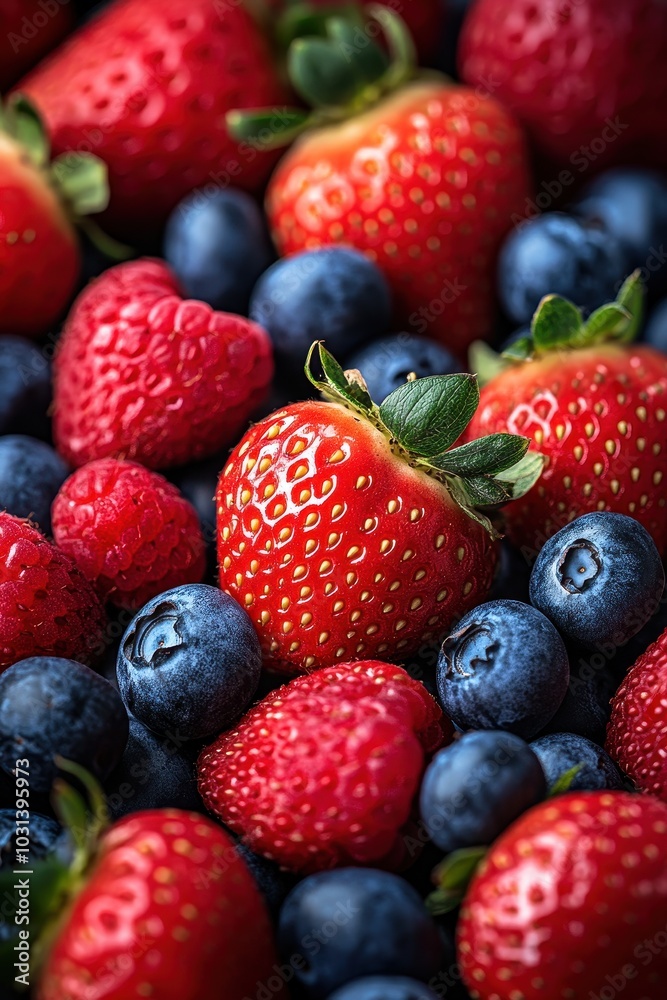 Fresh and Vibrant Assortment of Strawberries, Raspberries, and Blueberries in a Close-Up View Fresh and Vibrant Assortment of Strawberries, Raspberries, and Blueberries in a Close-Up View