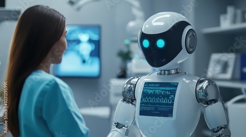 AI robot performing advanced health checks and assisting in patient care with guidance from a medical professional