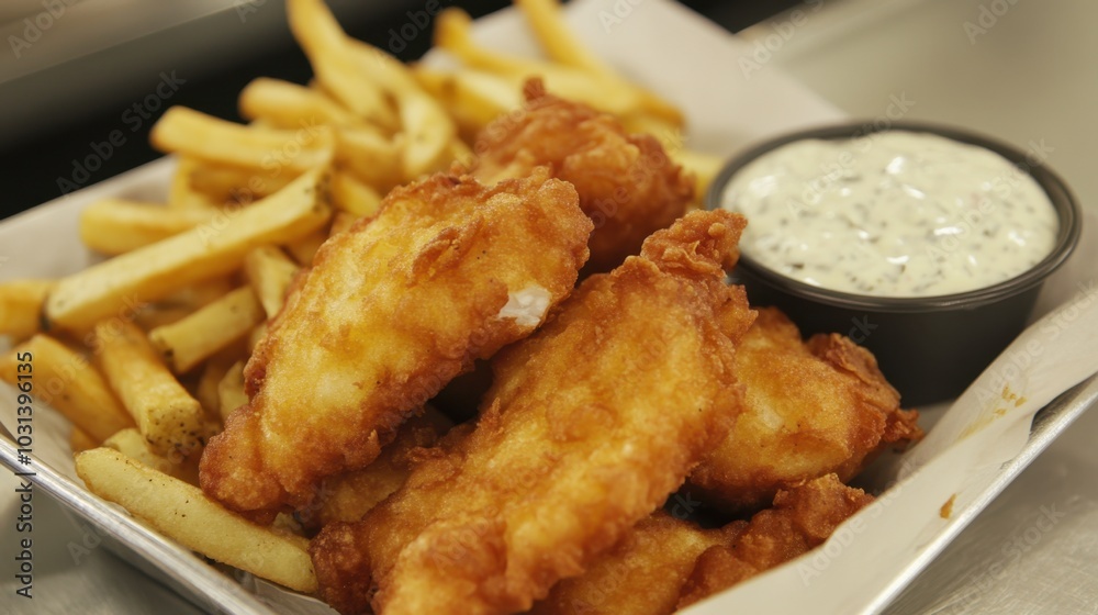 Crispy fish fillets and fries served with tartar sauce, a classic British meal presented in a warm and appetizing setting. Crispy fish fillets and fries served with tartar sauce, a classic British meal presented in a warm and appetizing setting.