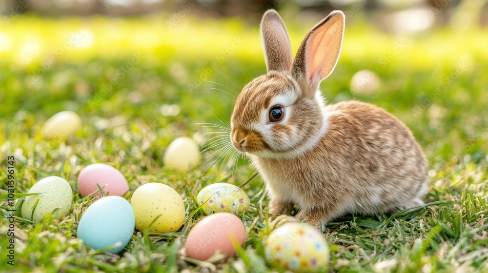 Cute Easter bunny enjoying a sunny spring day in the grass, surrounded by pastel-colored Easter eggs. Cute Easter bunny enjoying a sunny spring day in the grass, surrounded by pastel-colored Easter eggs.