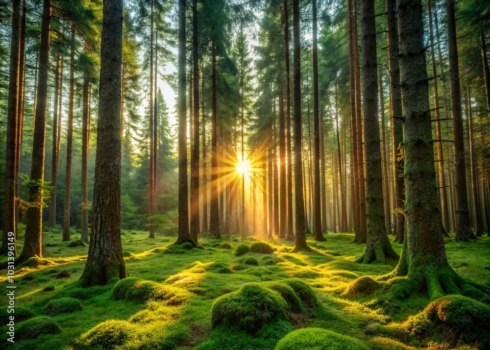 Enchanting Low Light Pine and Fir Forest with Lush Moss Underfoot