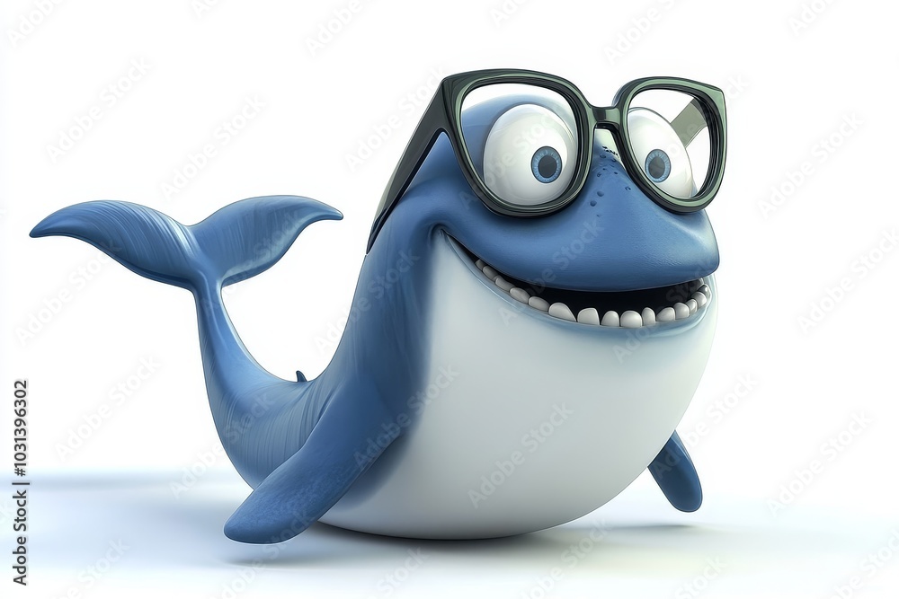 A cartoon whale with horn-rimmed glasses, smiling, friendly, and looking intelligent. It symbolizes knowledge, fun, learning, and ocean life. A cartoon whale with horn-rimmed glasses, smiling, friendly, and looking intelligent. It symbolizes knowledge, fun, learning, and ocean life.
