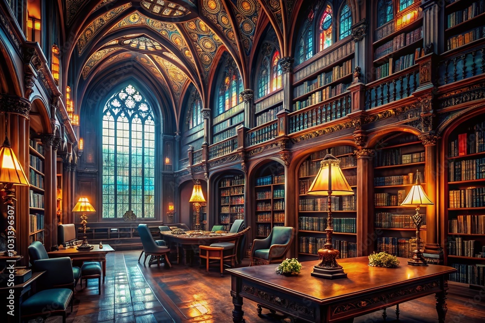 Enchanting Medieval Library Interior in a Gothic Castle Reading Room Enchanting Medieval Library Interior in a Gothic Castle Reading Room