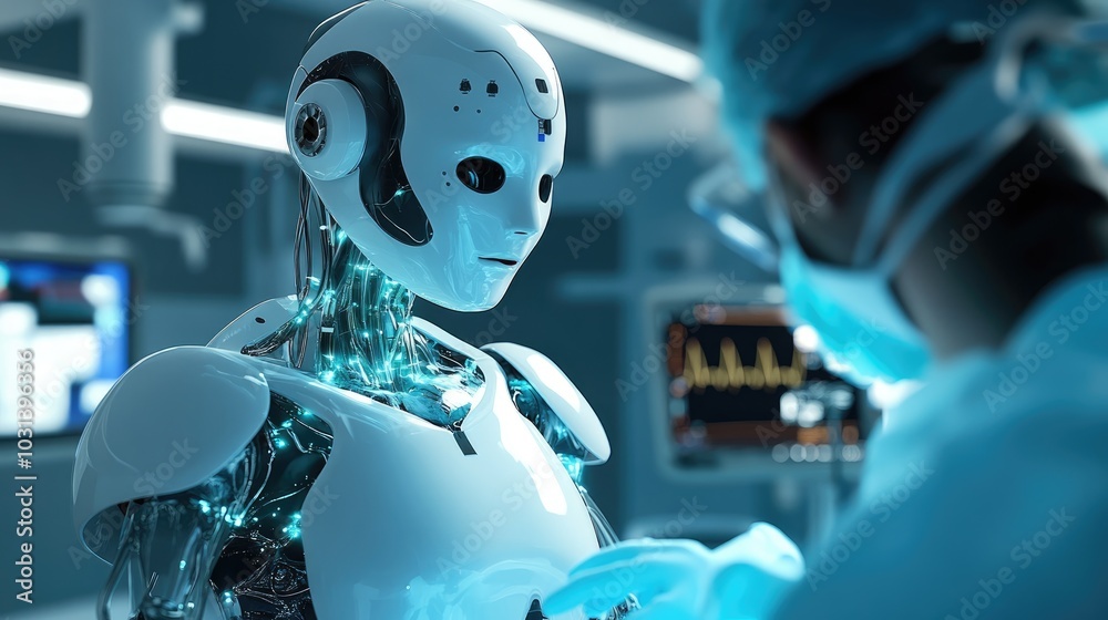 AI robot supporting complex medical procedures with guidance from a physician in a high-tech operating room AI robot supporting complex medical procedures with guidance from a physician in a high-tech operating room