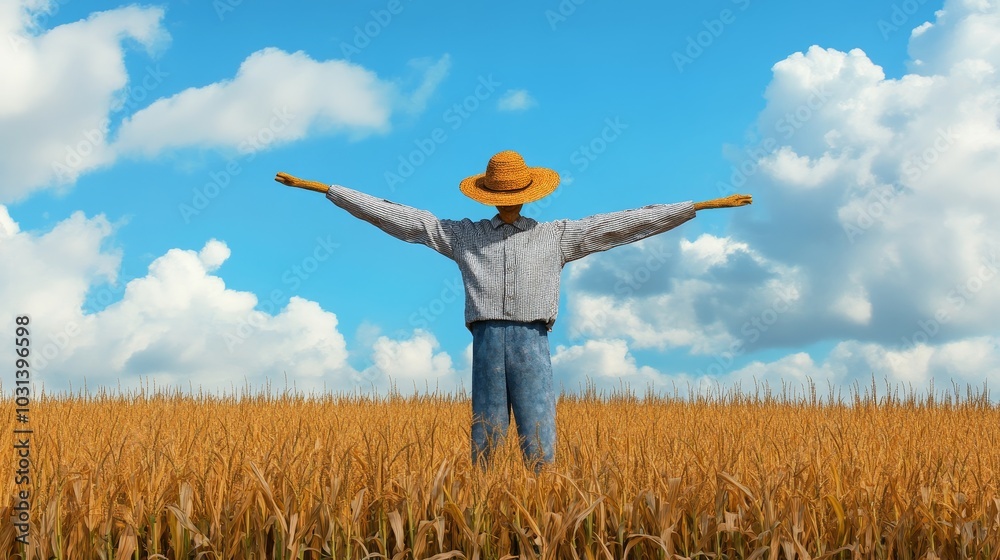 A classic scarecrow stands tall in a golden field of wheat, symbolizing harvest, protection, and the cycle of life. The blue sky and fluffy clouds create a sense of peace and serenity. A classic scarecrow stands tall in a golden field of wheat, symbolizing harvest, protection, and the cycle of life. The blue sky and fluffy clouds create a sense of peace and serenity.