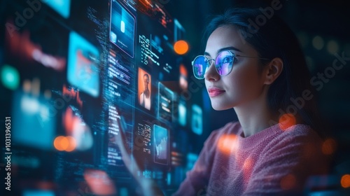 A woman interacts with digital screens, showcasing data and technology in a vibrant, modern setting.