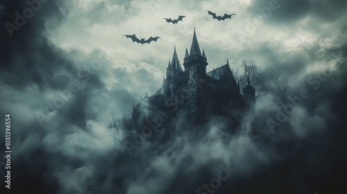 Dark Halloween landscape with creepy shadows, bats flying overhead, and a haunted house shrouded in mist.