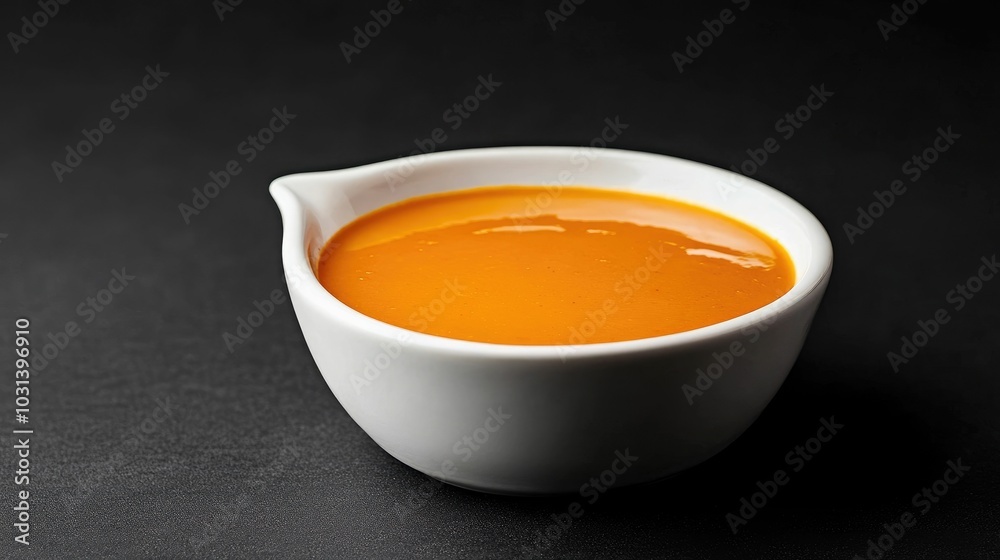 Close up of a ceramic gravy boat filled with a vibrant orange creamy sauce against a dark background The rich and savory sauce is the focal point showcasing its smooth Close up of a ceramic gravy boat filled with a vibrant orange creamy sauce against a dark background The rich and savory sauce is the focal point showcasing its smooth