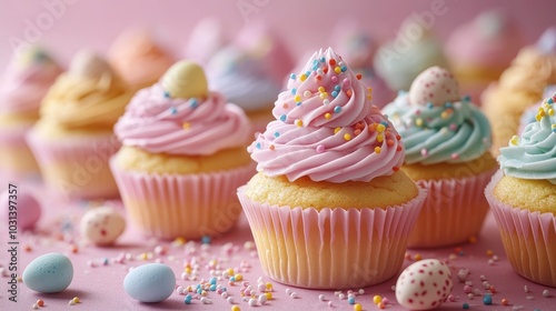 Colorful Easter Cupcakes with Pastel Frosting and Sprinkles on a Pink Background for Festive Celebrations