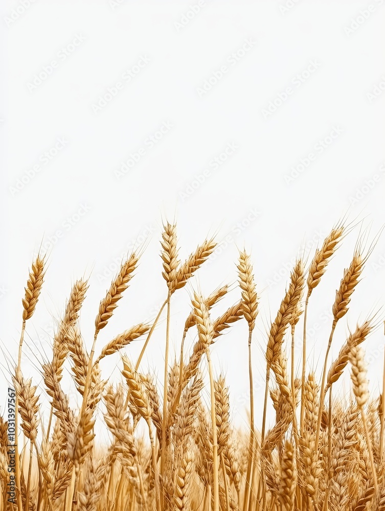 Obraz premium A field of golden wheat stalks, swaying gently in the breeze, stand tall against a bright white background, symbolizing abundance, harvest, nature, growth, and life.