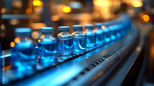 Bottles of blue liquid on a...
