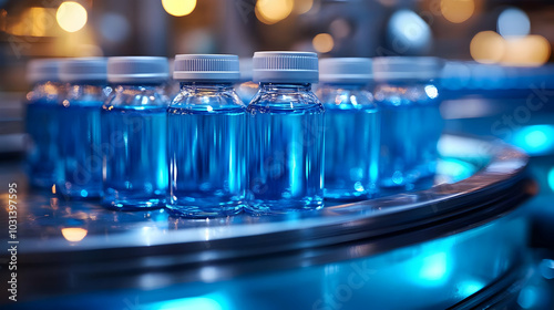 Bottles of blue liquid on a...