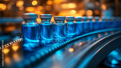 Vials of blue liquid on a p...