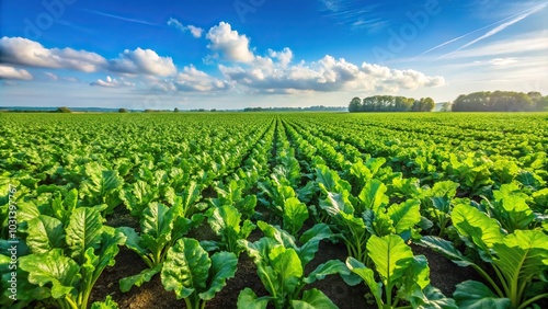 Long shot sugar beet bright green leaves in field during harvesting period