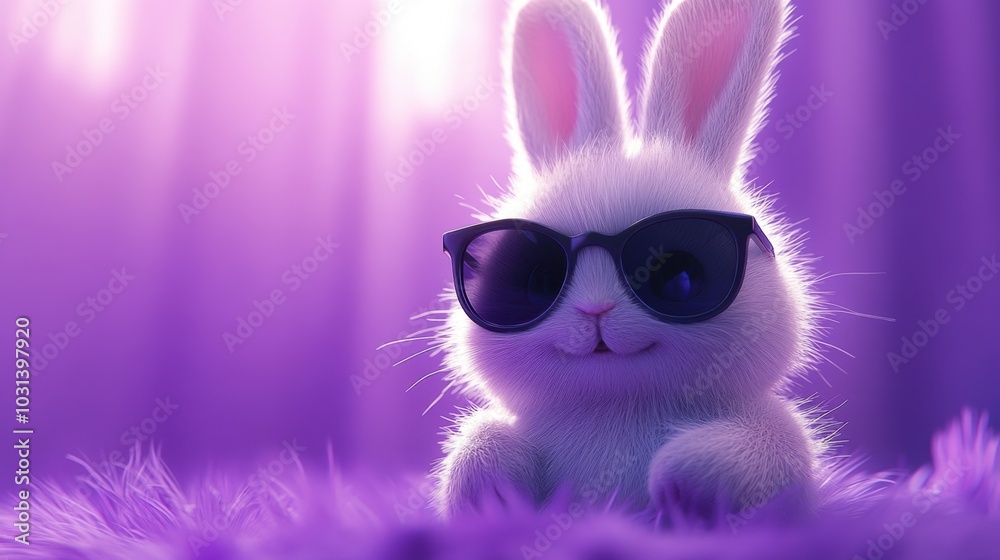 Easter bunny with cool sunglasses, sitting on a purple background, bringing a fun and playful energy to the scene. Easter bunny with cool sunglasses, sitting on a purple background, bringing a fun and playful energy to the scene.