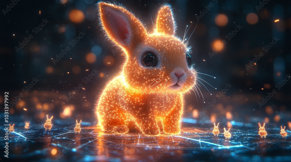 A glowing orange bunny mascot stands on a digital globe, symbolizing connectivity, technology, and the future. It's a cute and whimsical illustration perfect for branding or children's products.