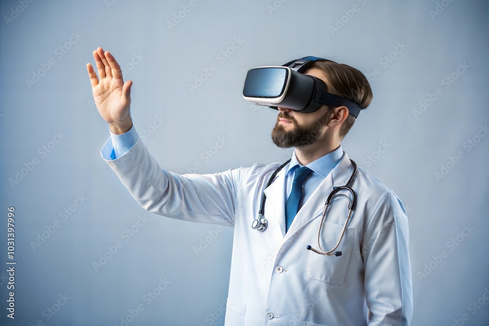 Doctor with VR headset representing innovation in healthcare Doctor with VR headset representing innovation in healthcare