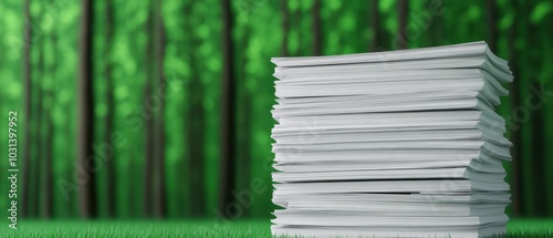 High stack of papers on grass with blurred forest background, environmental concept