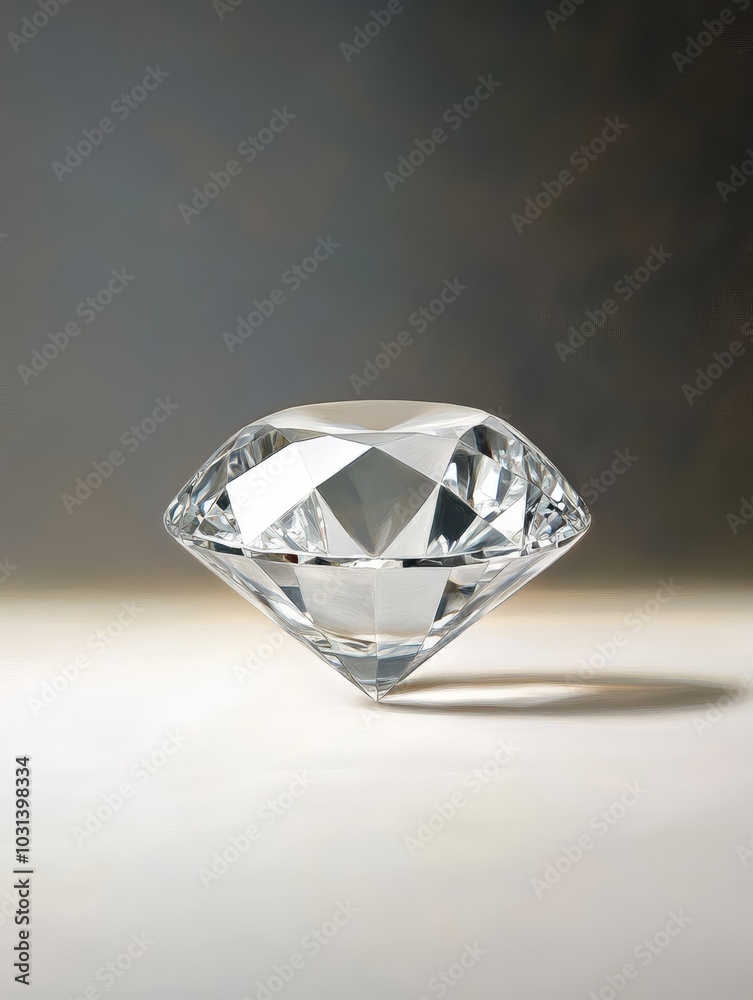 A large, perfectly cut diamond sits on a white surface, its facets reflecting light and creating a captivating display of brilliance and elegance.
