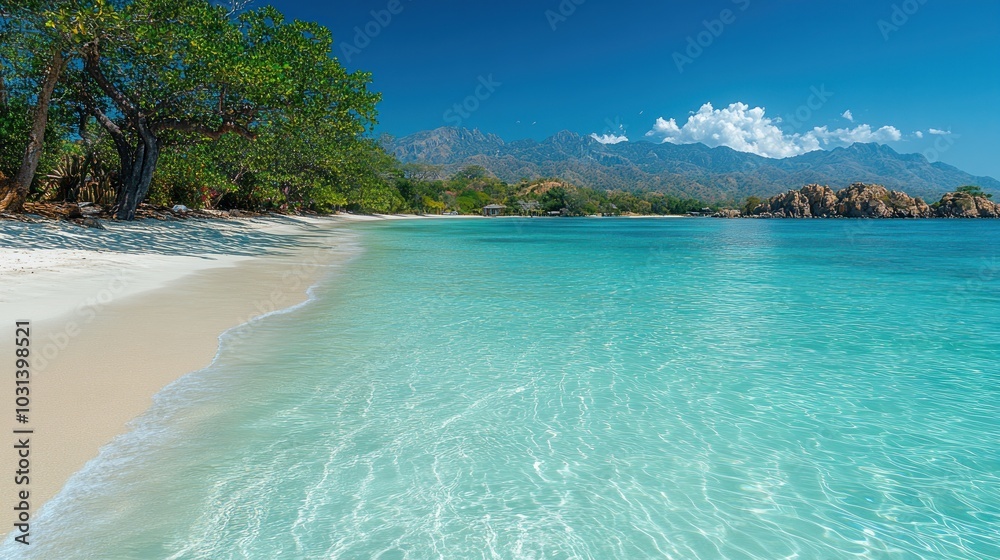 Fototapeta premium Serene beach with clear water and mountains in the background.