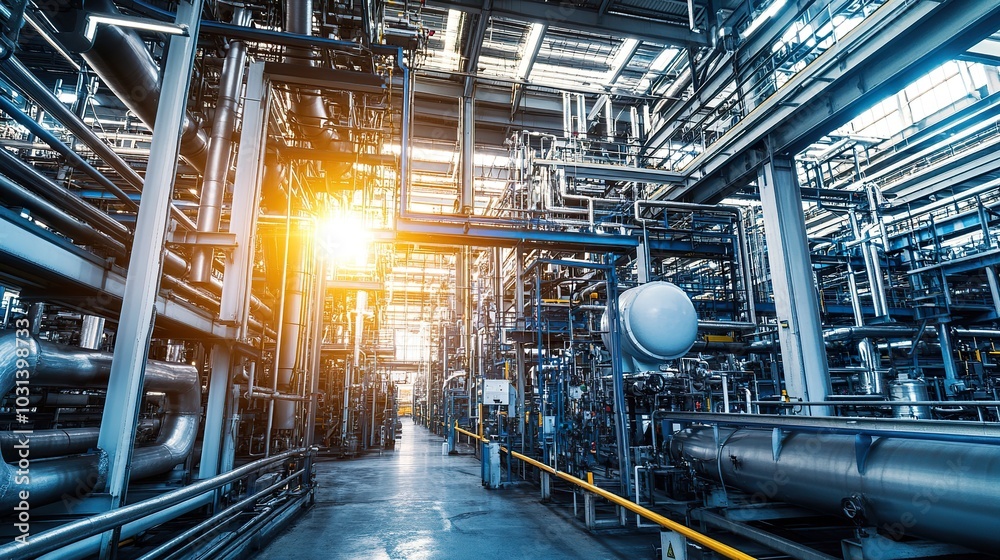 An industrial factory filled with complex systems, from boilers to furnaces, operating non-stop to meet production targets An industrial factory filled with complex systems, from boilers to furnaces, operating non-stop to meet production targets