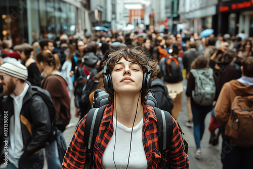 Young woman enjoying music in crowded street