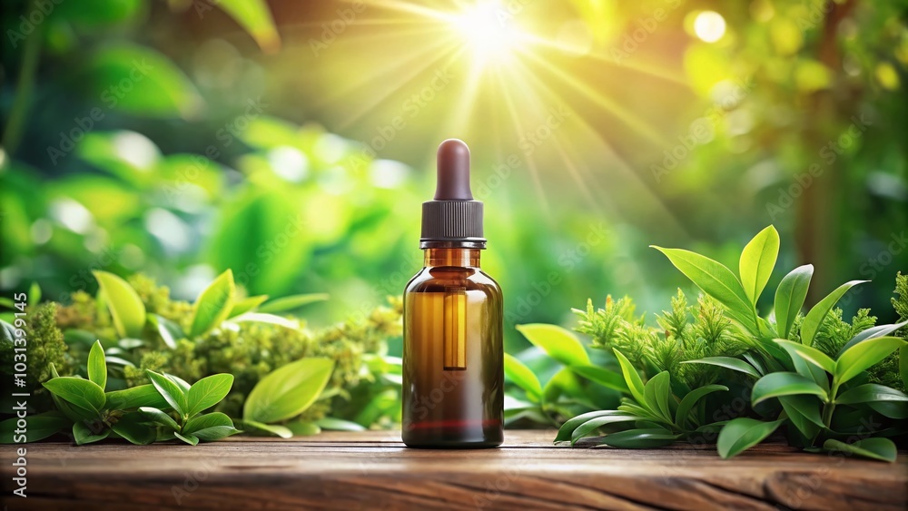 Essential Oil Dropper Bottle Mockup with Lush Green Foliage for Branding Purposes Essential Oil Dropper Bottle Mockup with Lush Green Foliage for Branding Purposes