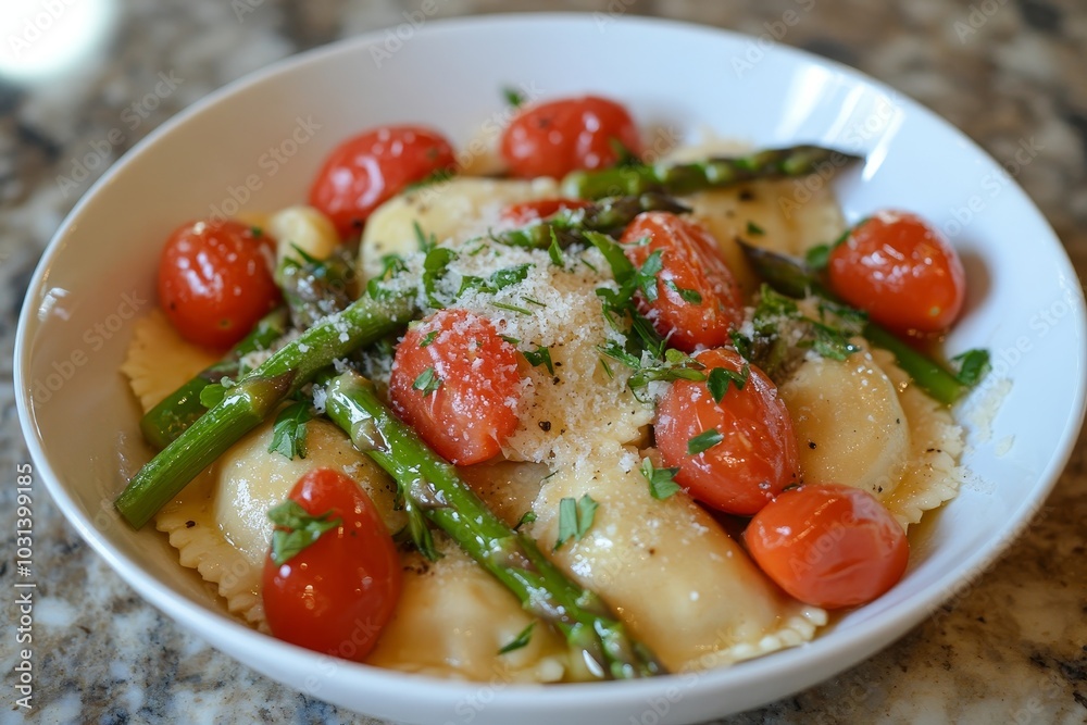 A plate of fresh ravioli with roasted tomatoes, asparagus spears, garlic, and herbs. A simple and delicious Italian meal. A plate of fresh ravioli with roasted tomatoes, asparagus spears, garlic, and herbs. A simple and delicious Italian meal.