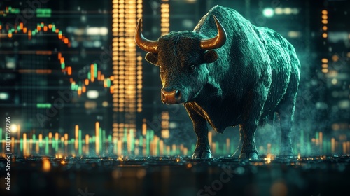 A powerful bull stands against a backdrop of a cityscape with a stock market chart, symbolizing growth, financial strength, and the bullish market trend.