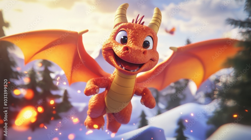 Naklejka premium Cheerful Cartoon Dragon Flying in Bright Sky