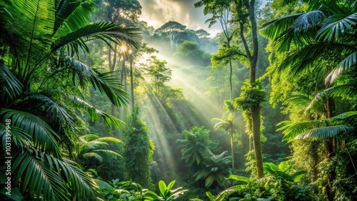 lush morning light filtering through dense tropical rainforest canopy