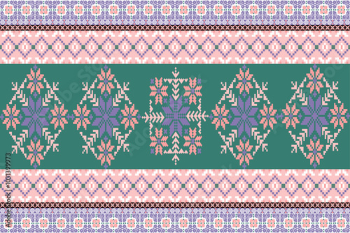 Art Abstract with Floral Pixel Designs. Traditional Cross Stitch needlework. Geometric Ethnic Pattern, Embroidery, Textile Ornamental, Fabric, Hand Stitch Pattern, Cultural Stitching Pixel Art