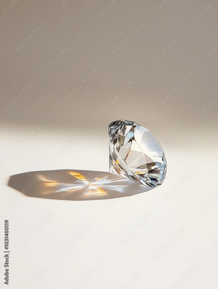 A single, flawless diamond rests on a white surface, casting a mesmerizing reflection of light. It symbolizes purity, brilliance, and everlasting love.