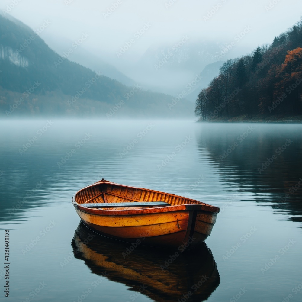 A small wooden boat floats peacefully on a tranquil lake shrouded in mist, symbolizing serenity, solitude, adventure, nature, and reflection. A small wooden boat floats peacefully on a tranquil lake shrouded in mist, symbolizing serenity, solitude, adventure, nature, and reflection.