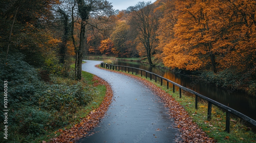 Serene Autumn Pathway Along a Tranquil River with Vibrant Foliage and Overcast Sky in a Peaceful Forest Setting Serene Autumn Pathway Along a Tranquil River with Vibrant Foliage and Overcast Sky in a Peaceful Forest Setting