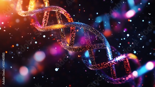 A vibrant and intricate DNA helix structure illuminated with a warm glow, symbolizing genetic code, life, science, and the mysteries of the universe.