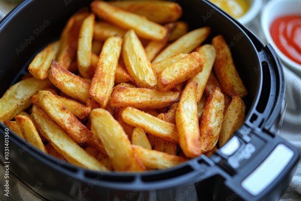A plate of French fries inside a air fryer A plate of French fries inside a air fryer